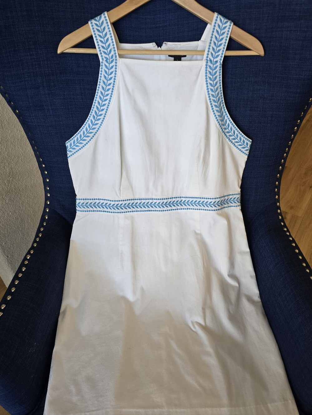 Ann Taylor White Summer Dress Greek Turquoise Trim. 100% Cotton And Lining